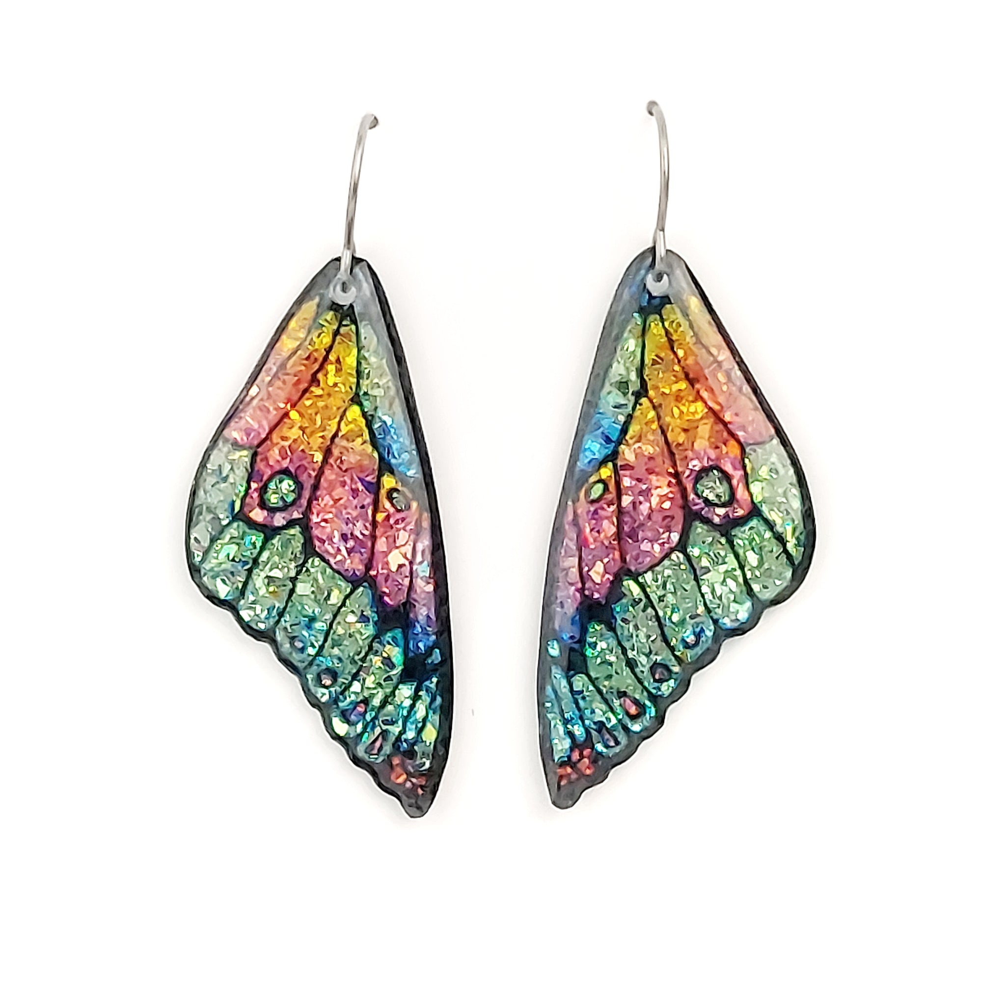 # 23 (2) Small Green-Purple Sparkly Butterfly Wing Earrings