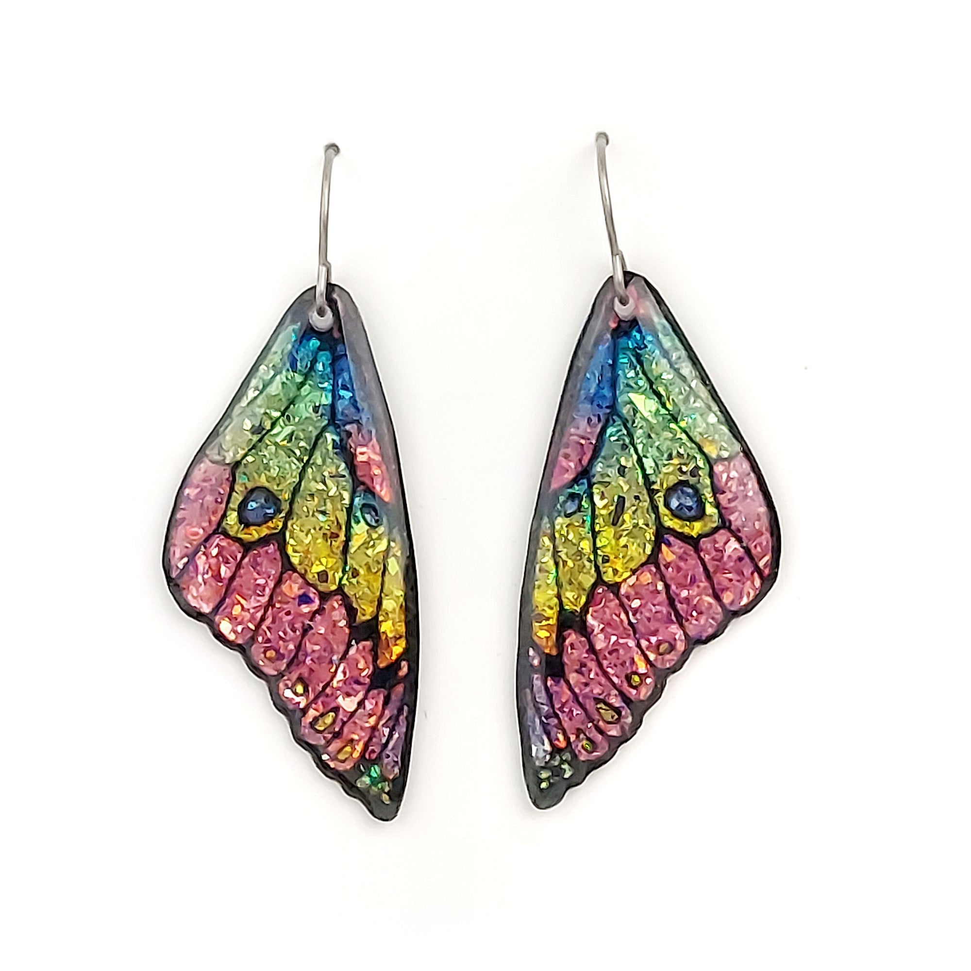 #25 (2) Small Green-Pink Sparkly Butterfly Wing Earrings