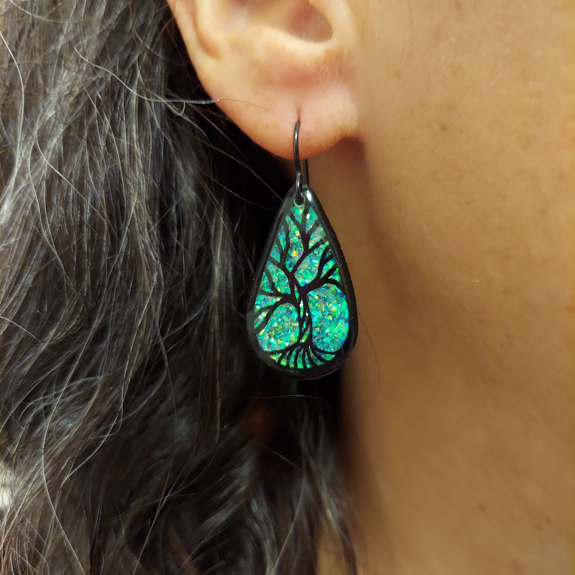 #31 (1) Iridescent Teal-Green Teardrop Tree of Life Earrings