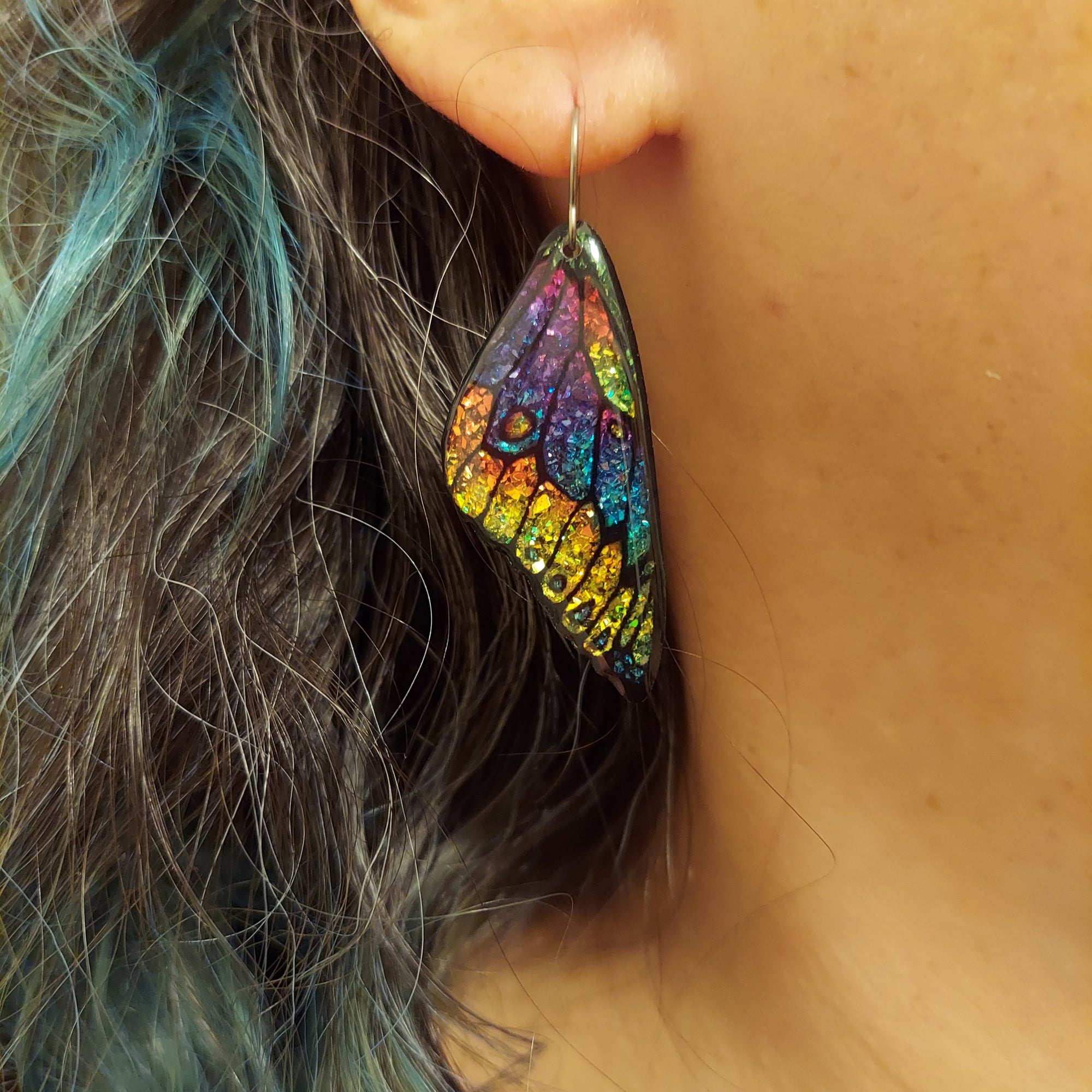 #25 (1) Large Blue-Yellow Sparkly Butterfly Wing Earrings
