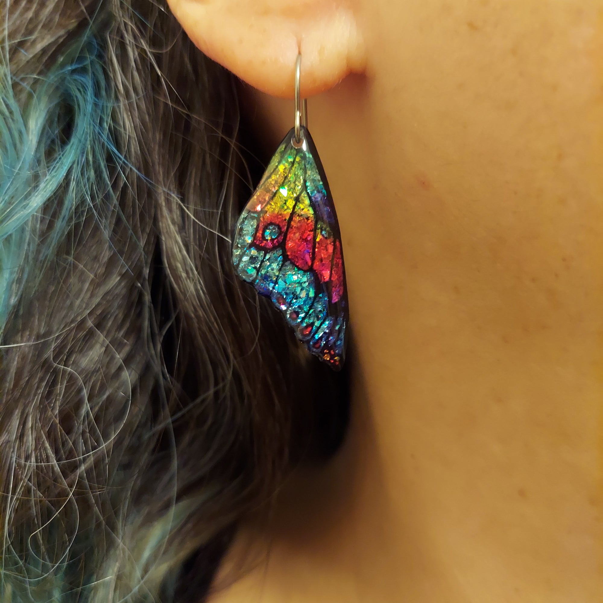#34 (2) Small Red-Blue Sparkly Butterfly Wing Earrings