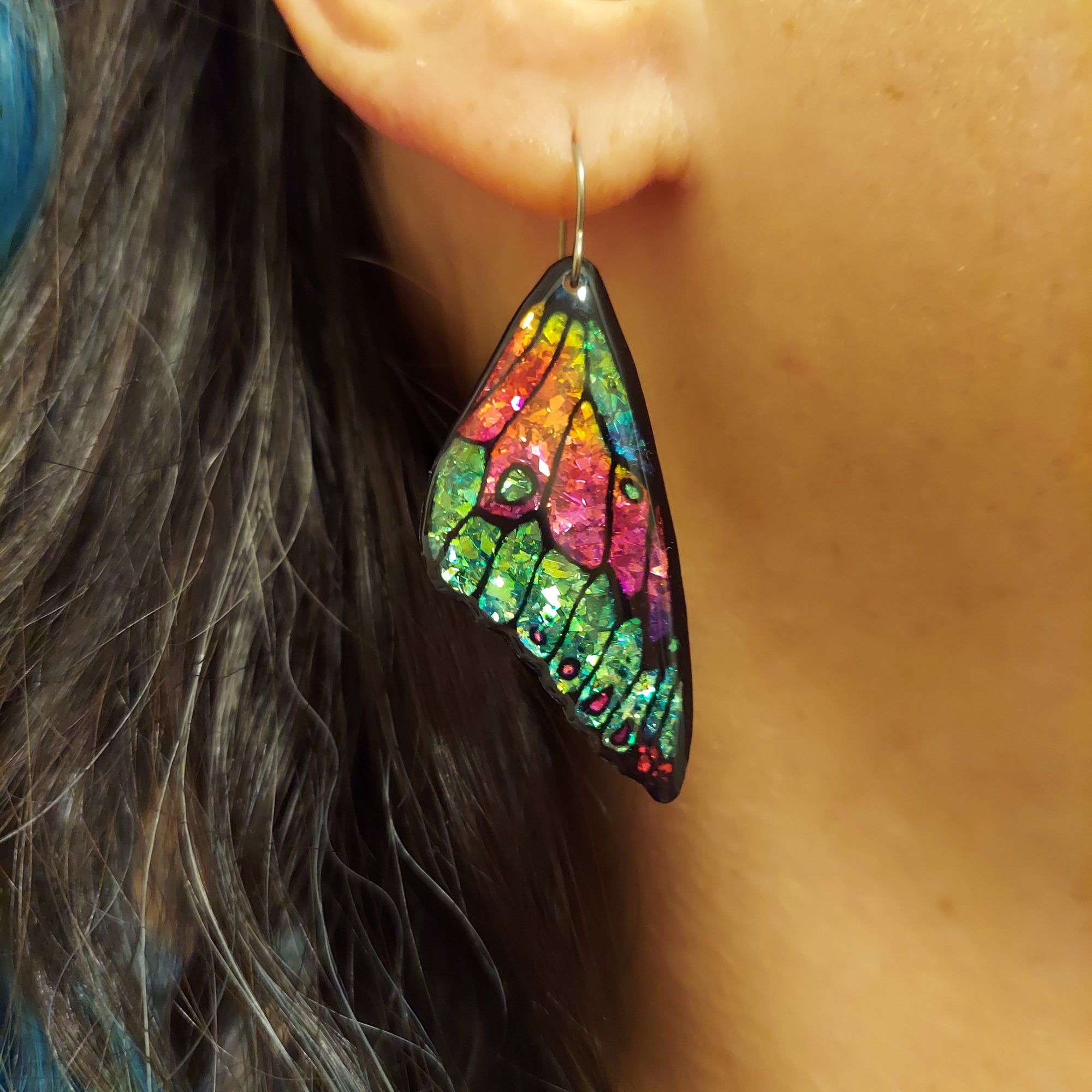 # 35 (1) Large Green Purple Sparkly Butterfly Wing Earrings