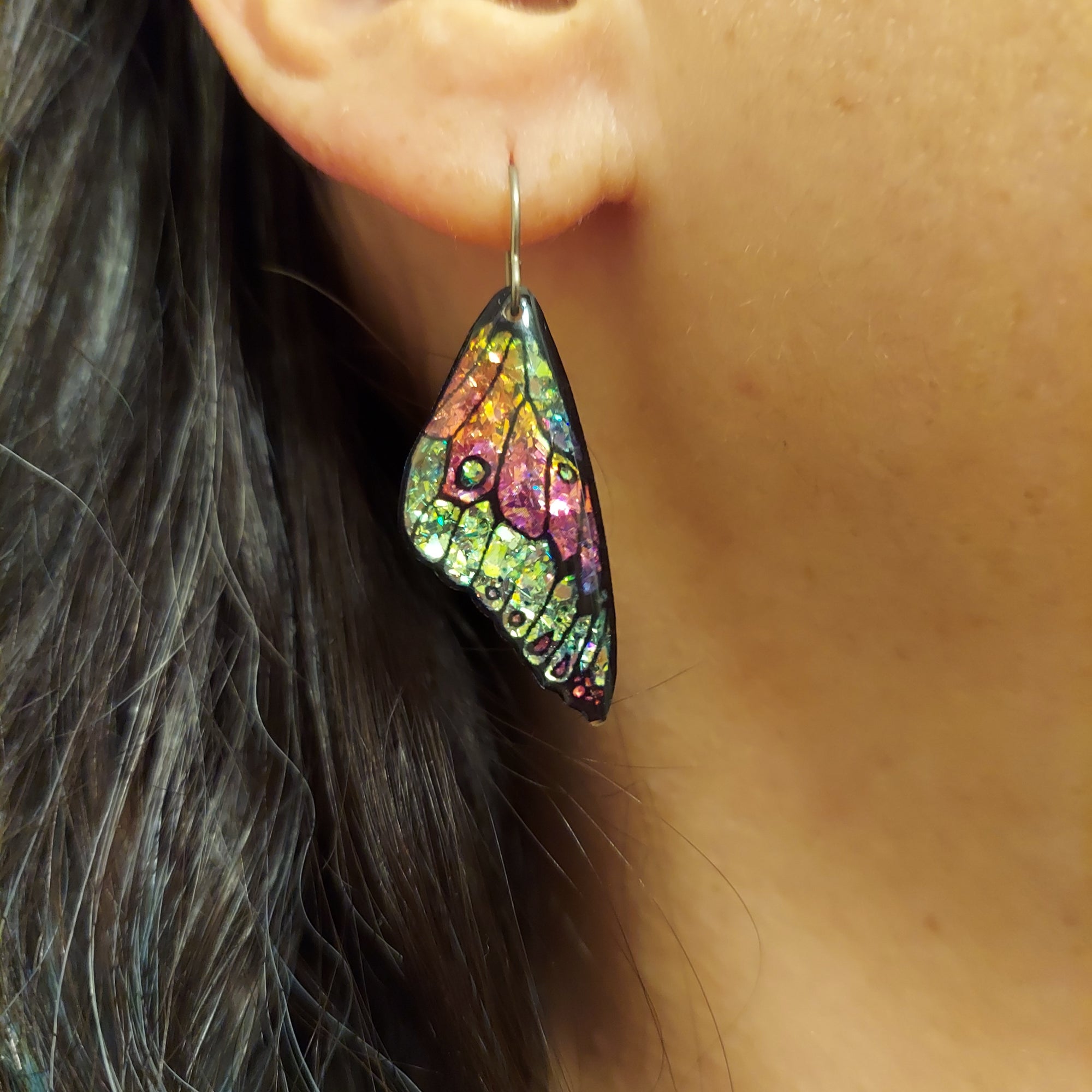 # 23 (2) Small Green-Purple Sparkly Butterfly Wing Earrings