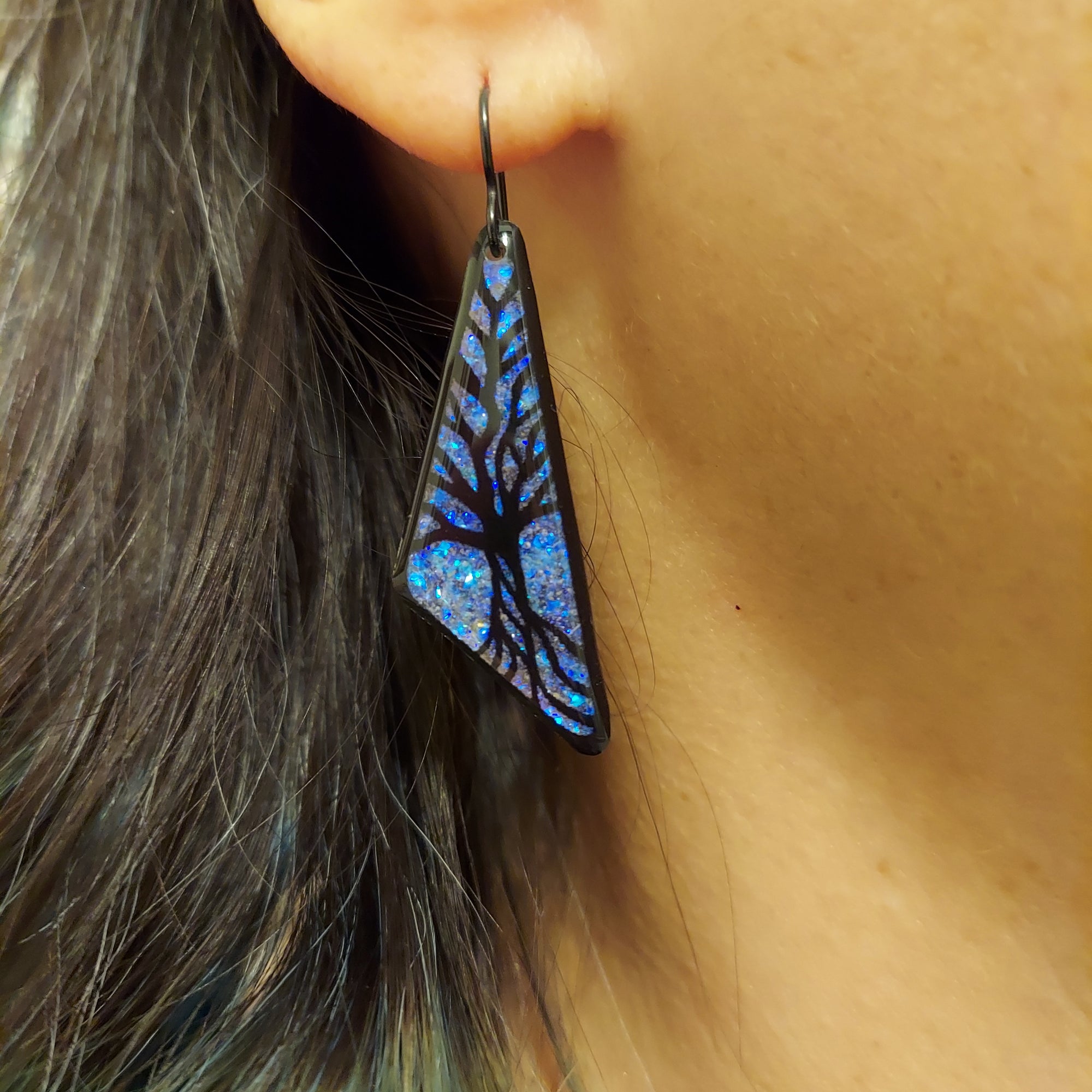#23 (1) Small Iridescent-Blue Geometric Tree of Life Earrings