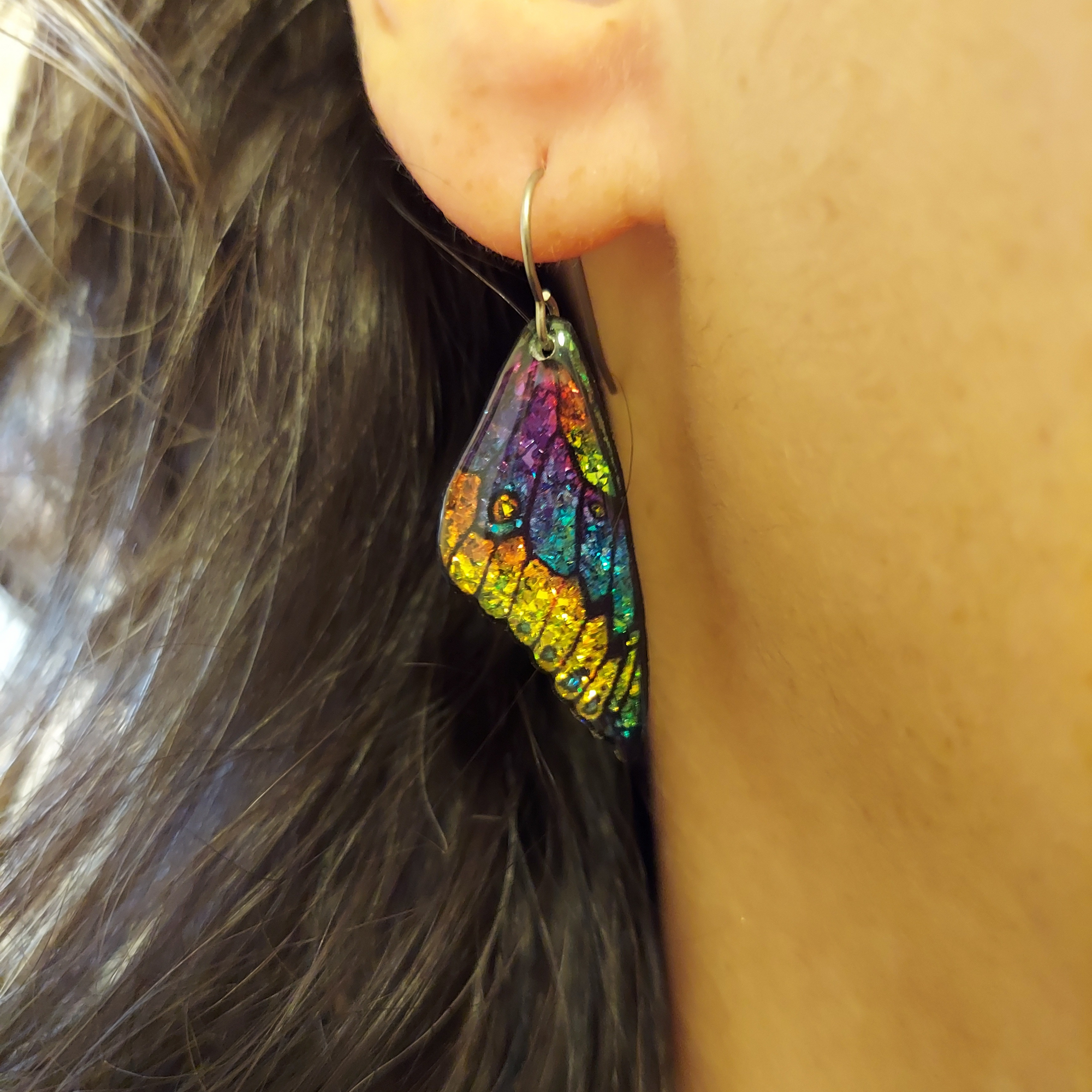 #24 (3) Small Blue-Yellow Sparkly Butterfly Wing Earrings